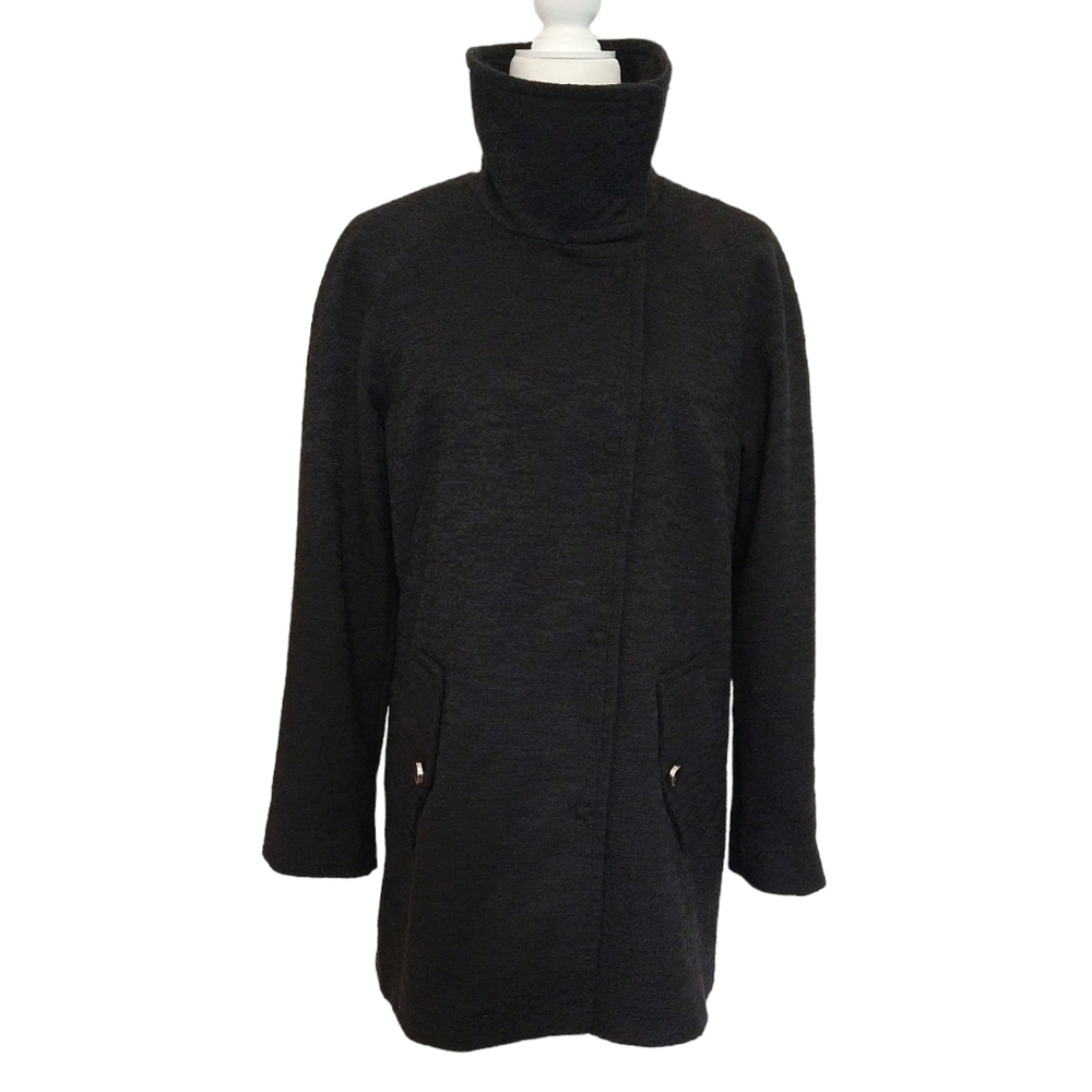 Eliza J Black Textured High Collar Snap Coat Cozy Minimalist Modern